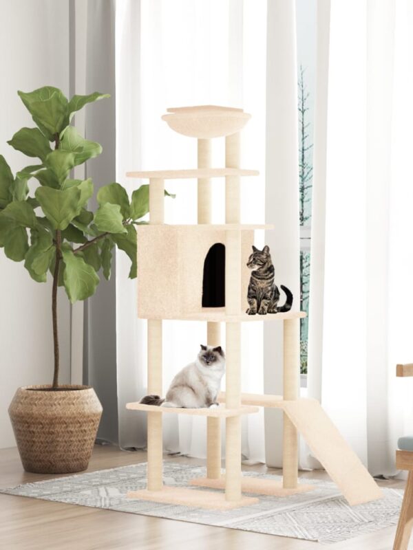 Drapak dla kota z sizalowymi słupkami, kremowy, 166 cm