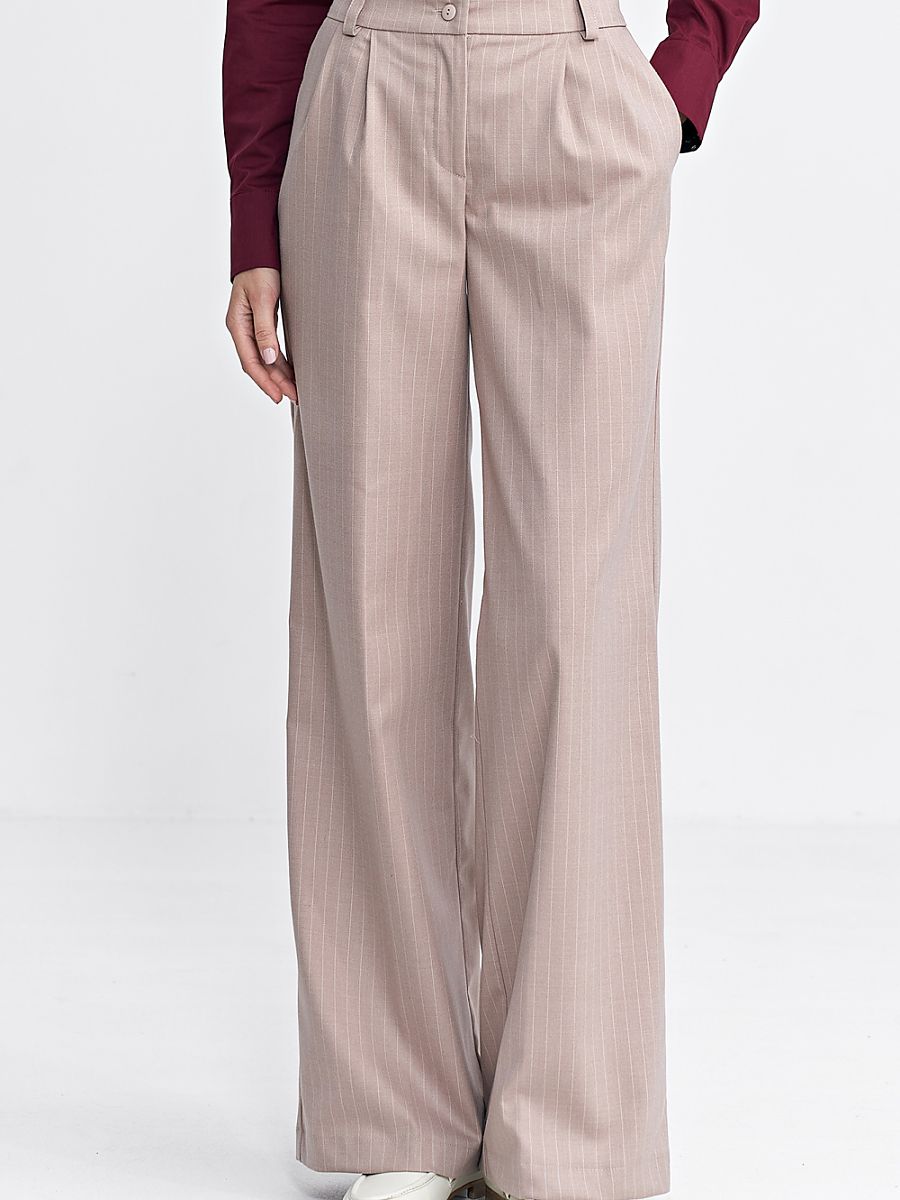 Spodnie z zakładkami wide leg prążek SD105 Beige - Nife