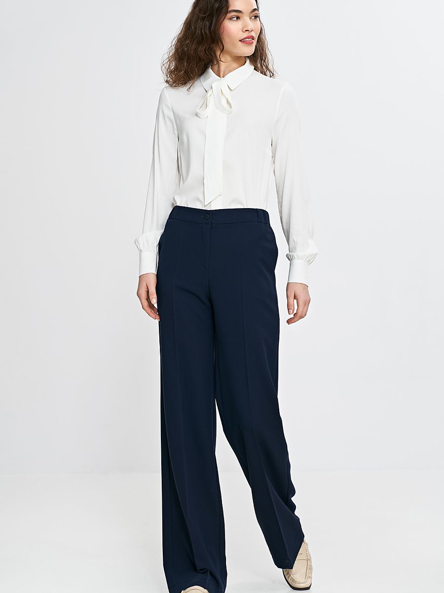 Spodnie wide leg z gumą w pasie SD113 Navy - Nife - obrazek 4